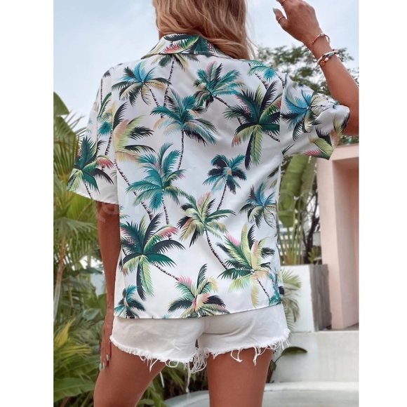 Short Sleeve Button Down Short Tropical Print Palm Leaves White - Picture 4 of 7
